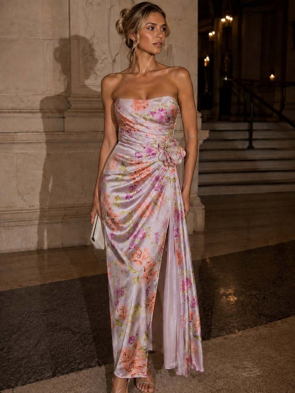 Cinq à Sept Size 0 Strapless Floral Satin Maxi Gown 3D Rosette Draped Formal Dre